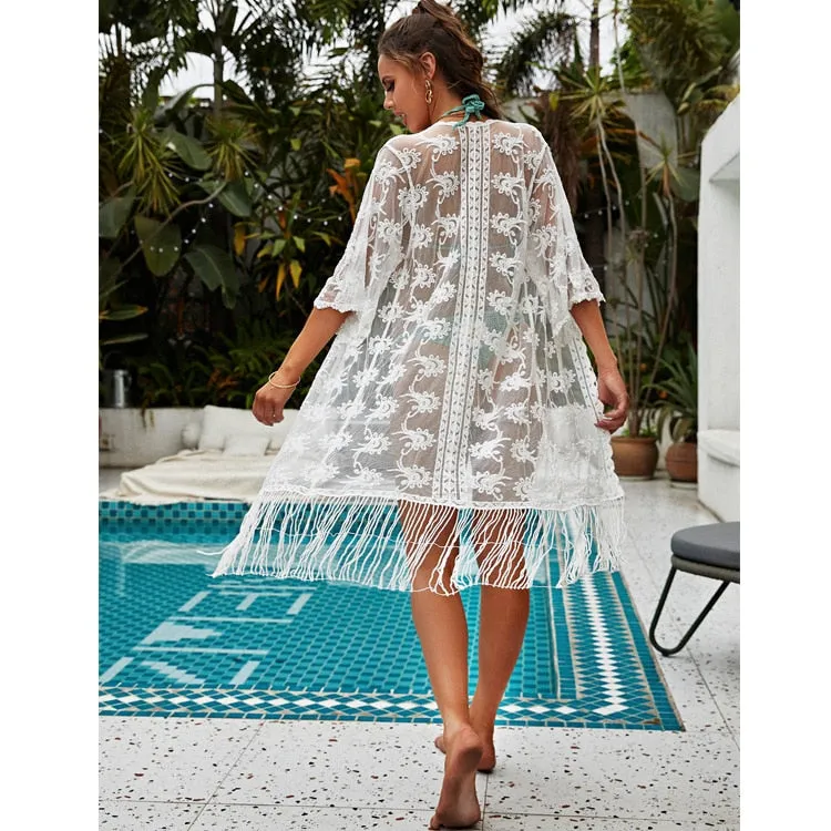 VenusFox Beach Dress 2021 New Kimonos Beachwear Hand-Woven Solid Color Women Swimwear For Bikini Cover Up
