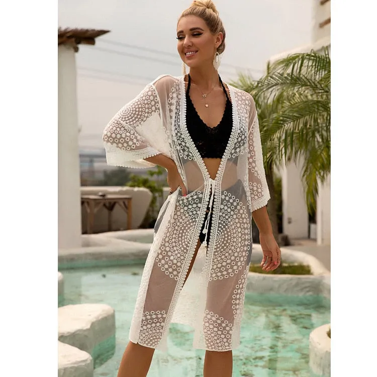 VenusFox Beach Dress 2021 New Kimonos Beachwear Hand-Woven Solid Color Women Swimwear For Bikini Cover Up