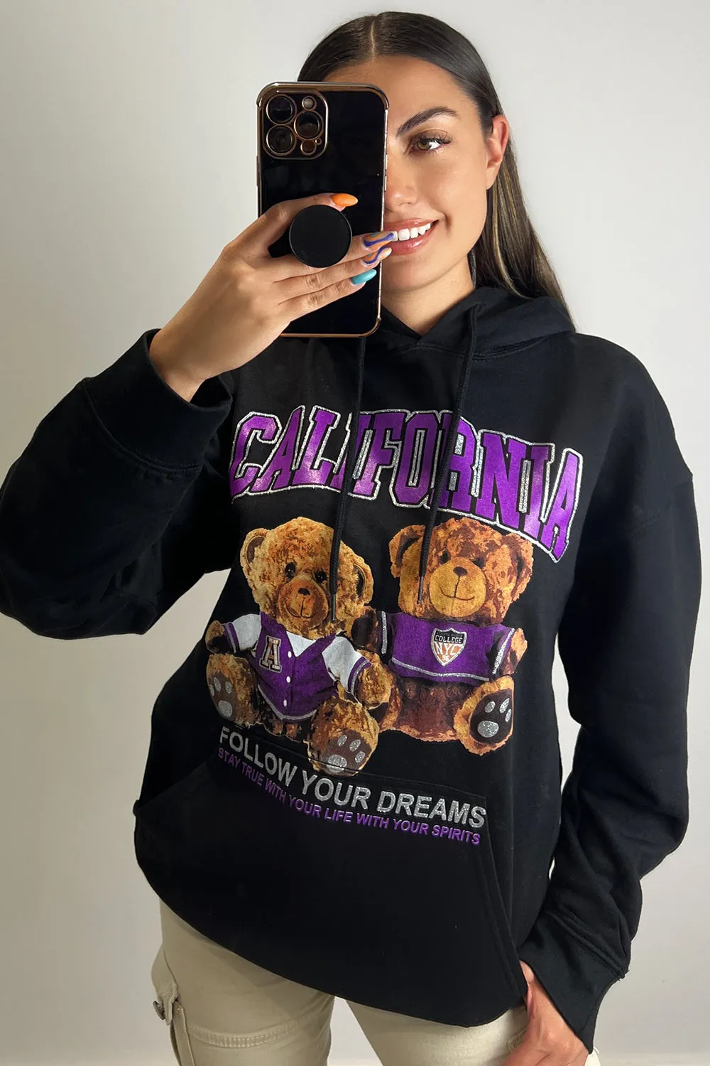 Whitney Black Teddy Graphic Print Oversized Hoodie