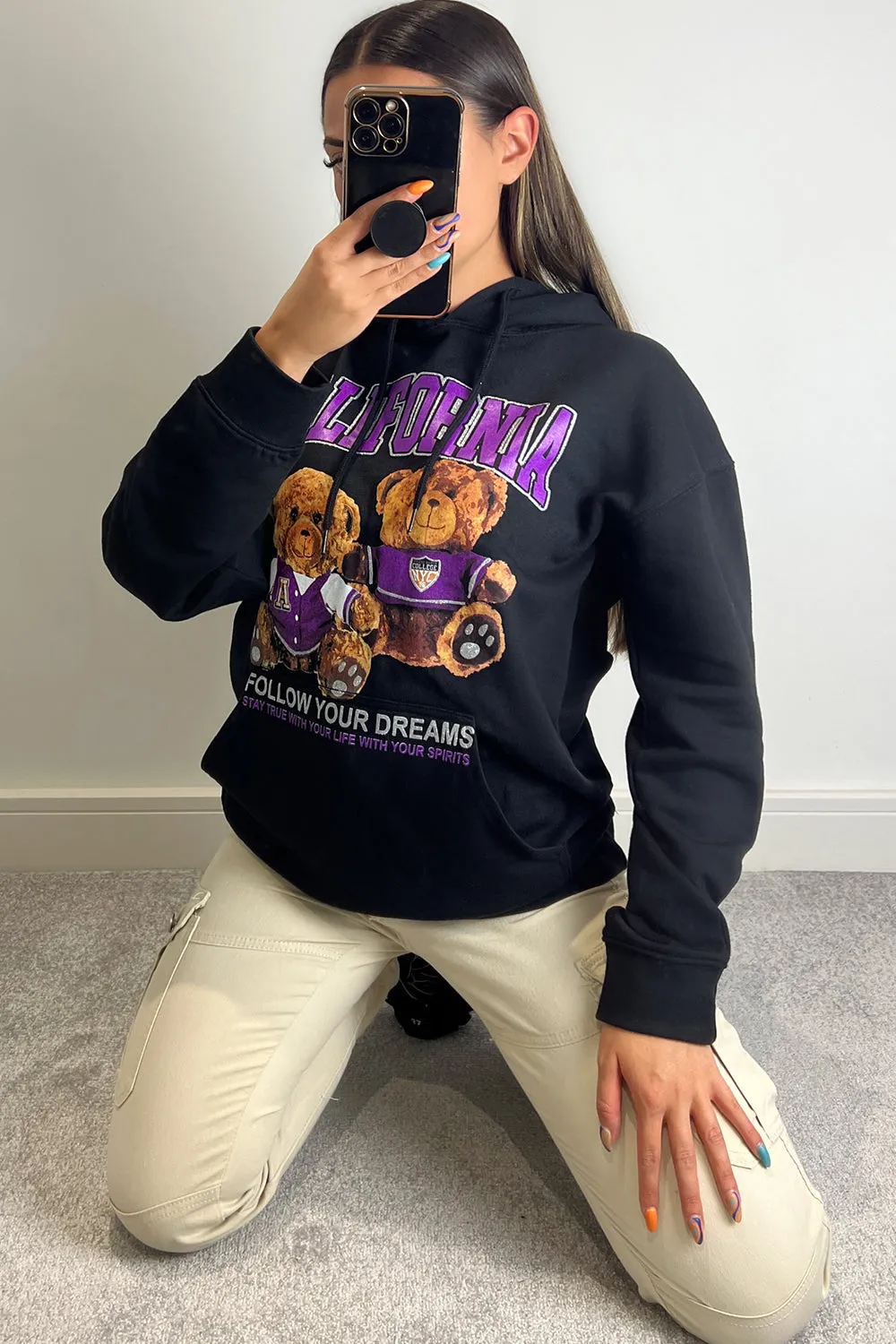 Whitney Black Teddy Graphic Print Oversized Hoodie