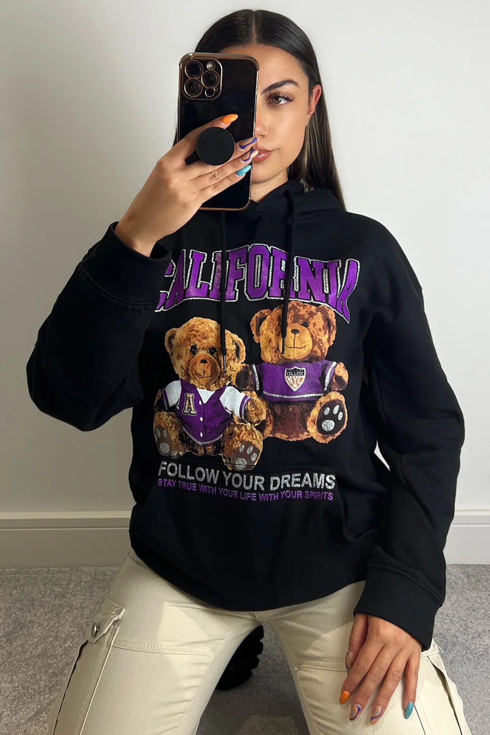 Whitney Black Teddy Graphic Print Oversized Hoodie