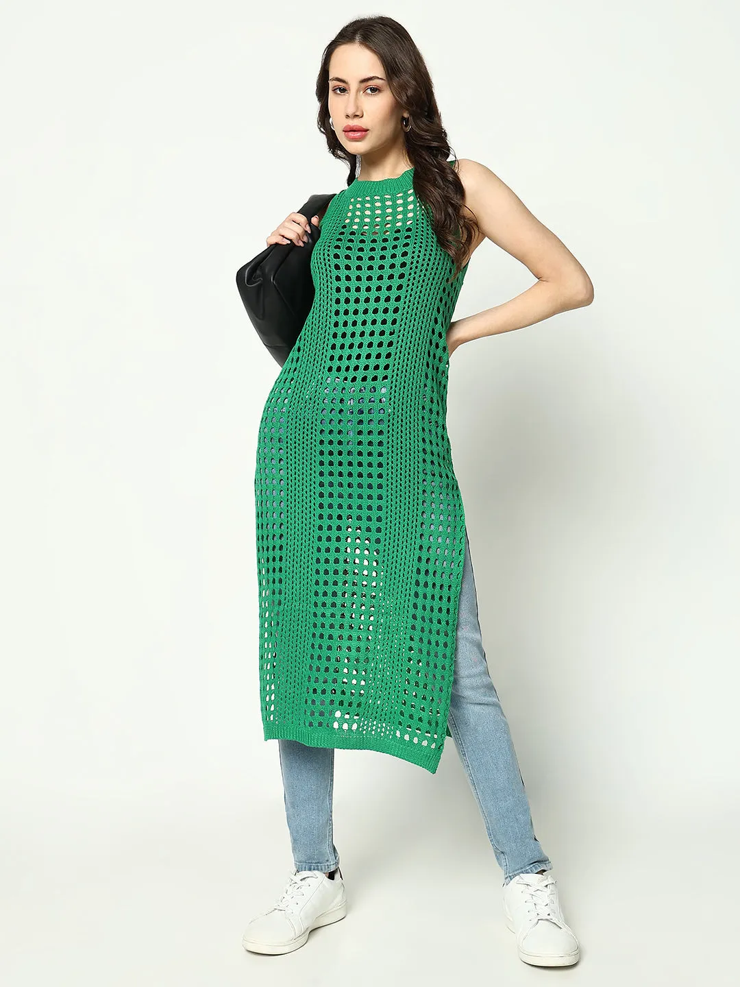 Women Green Round Neck Sleeveless Longline Crochet Top