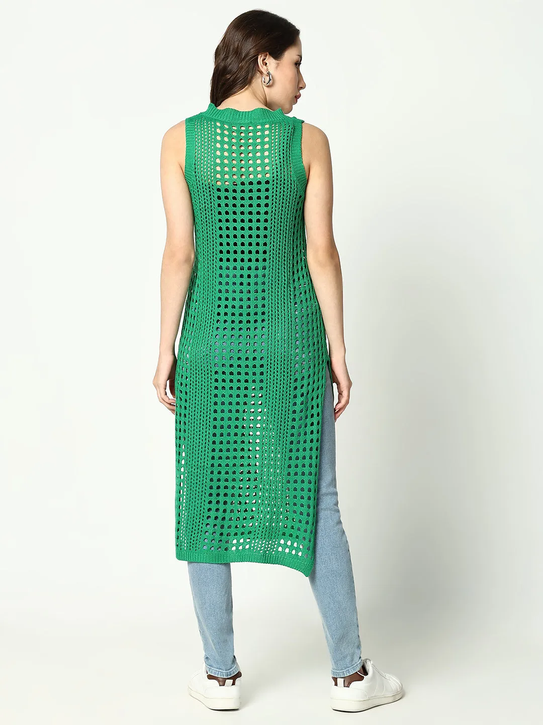 Women Green Round Neck Sleeveless Longline Crochet Top