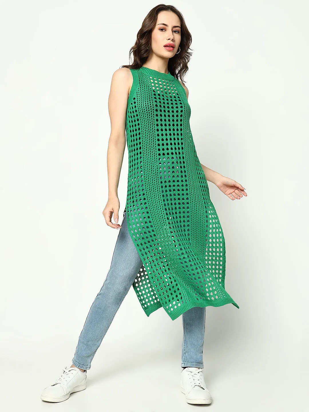 Women Green Round Neck Sleeveless Longline Crochet Top