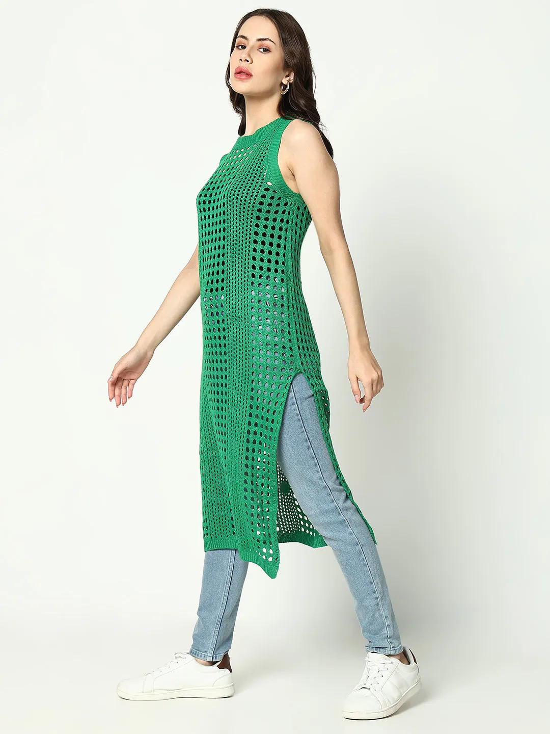 Women Green Round Neck Sleeveless Longline Crochet Top