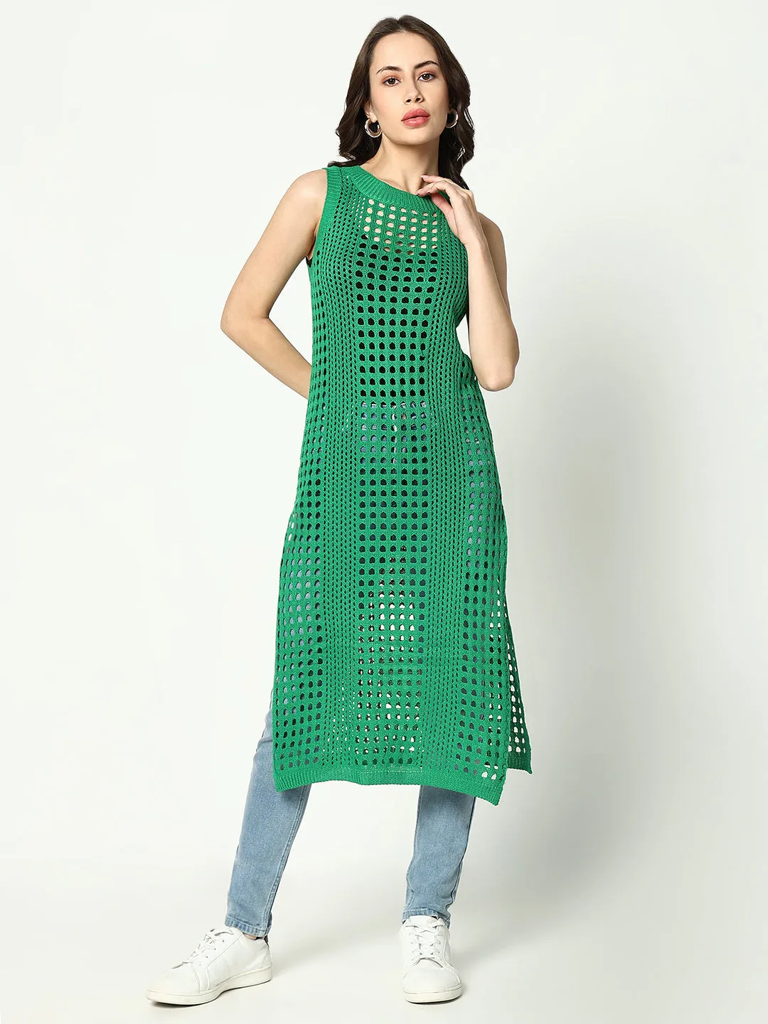 Women Green Round Neck Sleeveless Longline Crochet Top