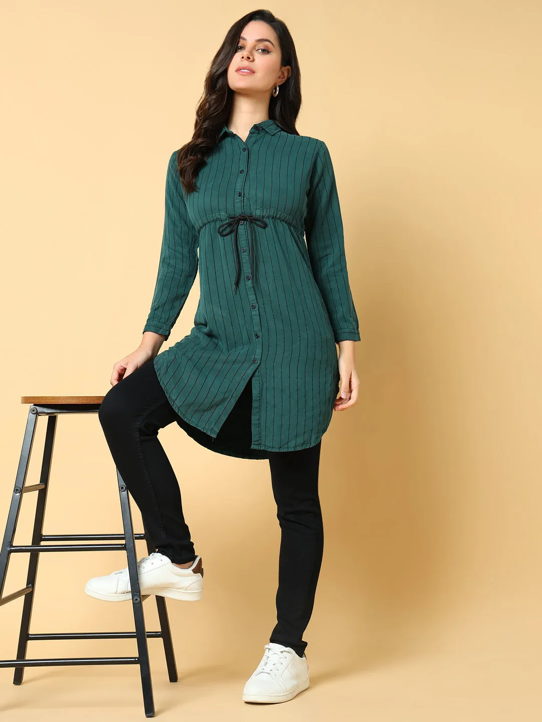 Women Green Striped Cotton Waist Tie-Up Shirt Style Top