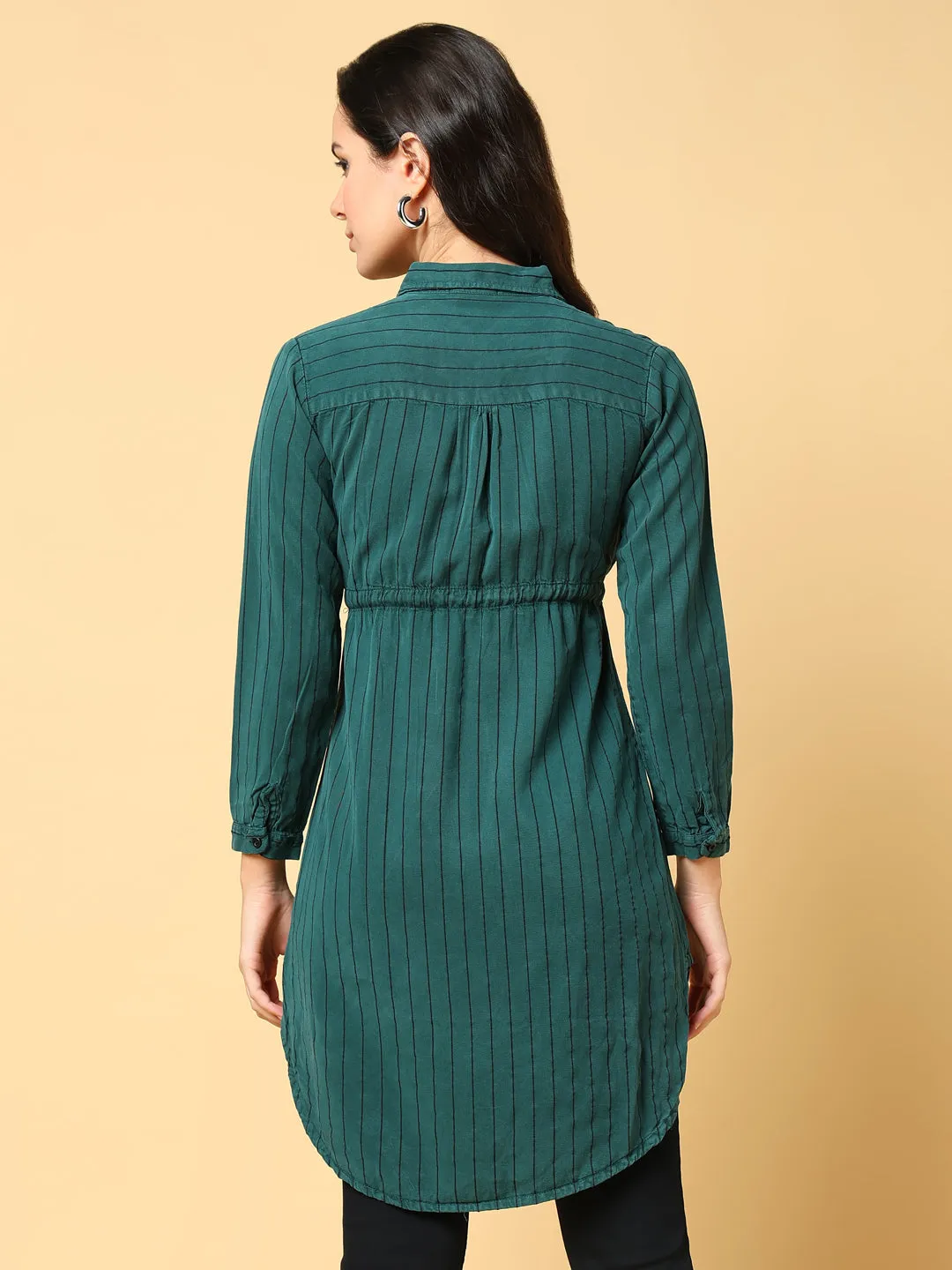 Women Green Striped Cotton Waist Tie-Up Shirt Style Top