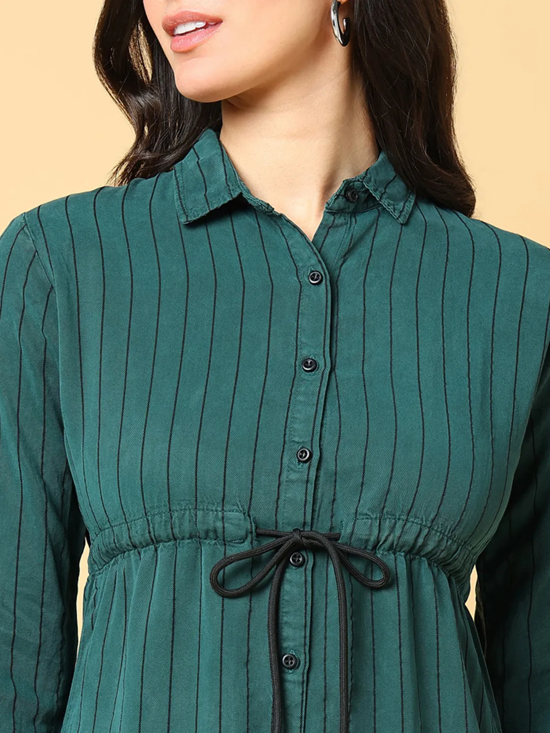 Women Green Striped Cotton Waist Tie-Up Shirt Style Top