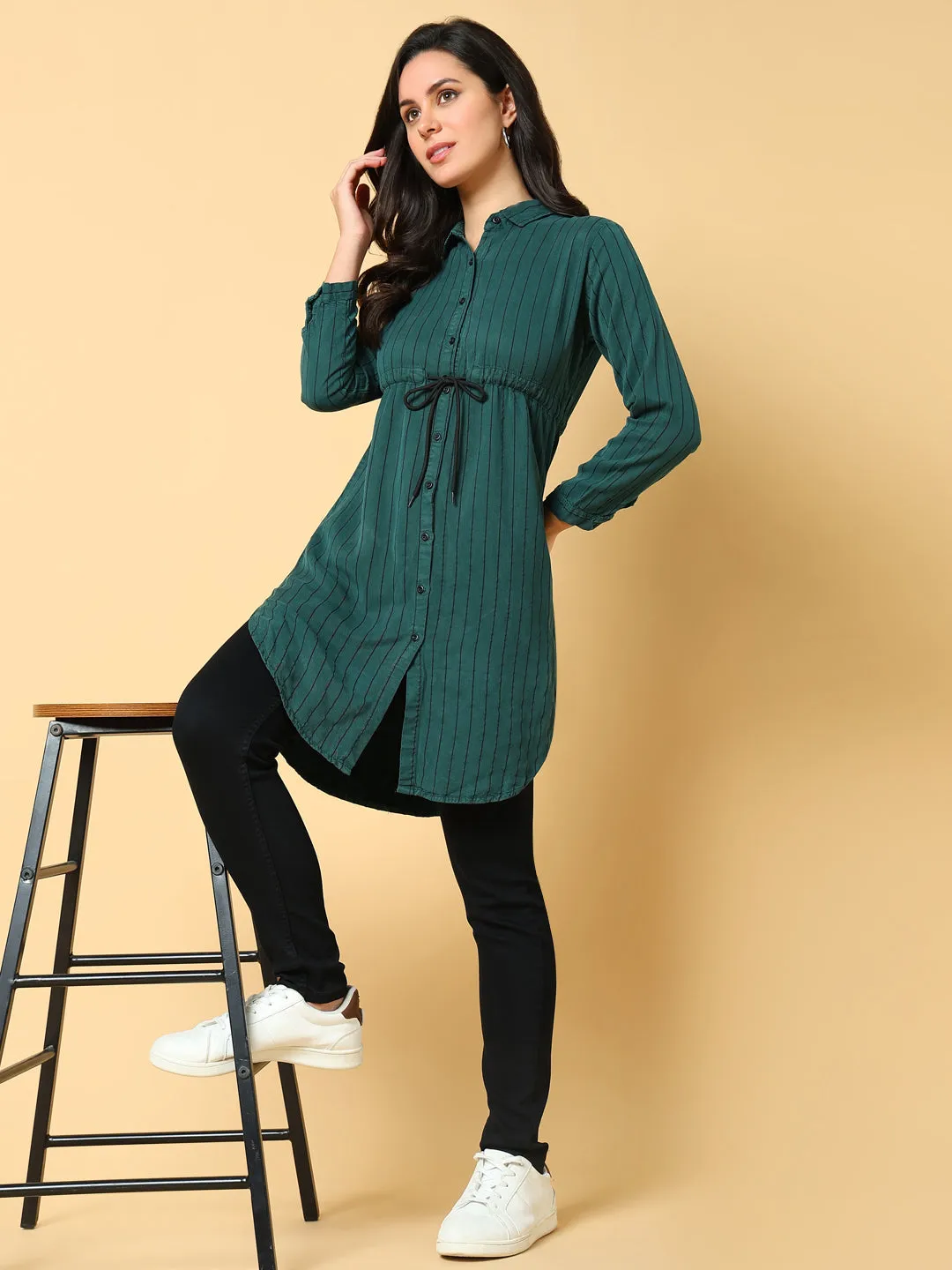 Women Green Striped Cotton Waist Tie-Up Shirt Style Top