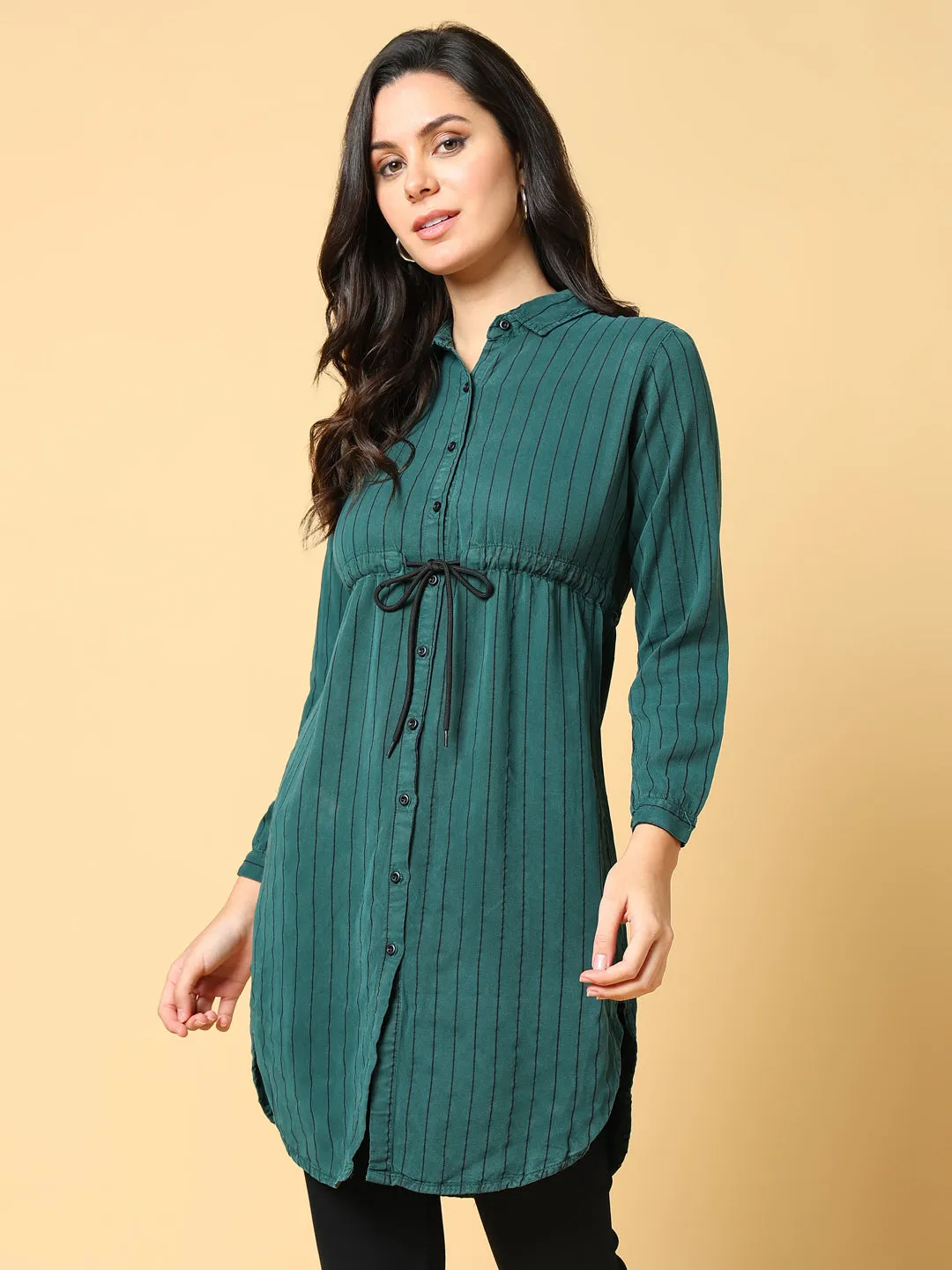Women Green Striped Cotton Waist Tie-Up Shirt Style Top