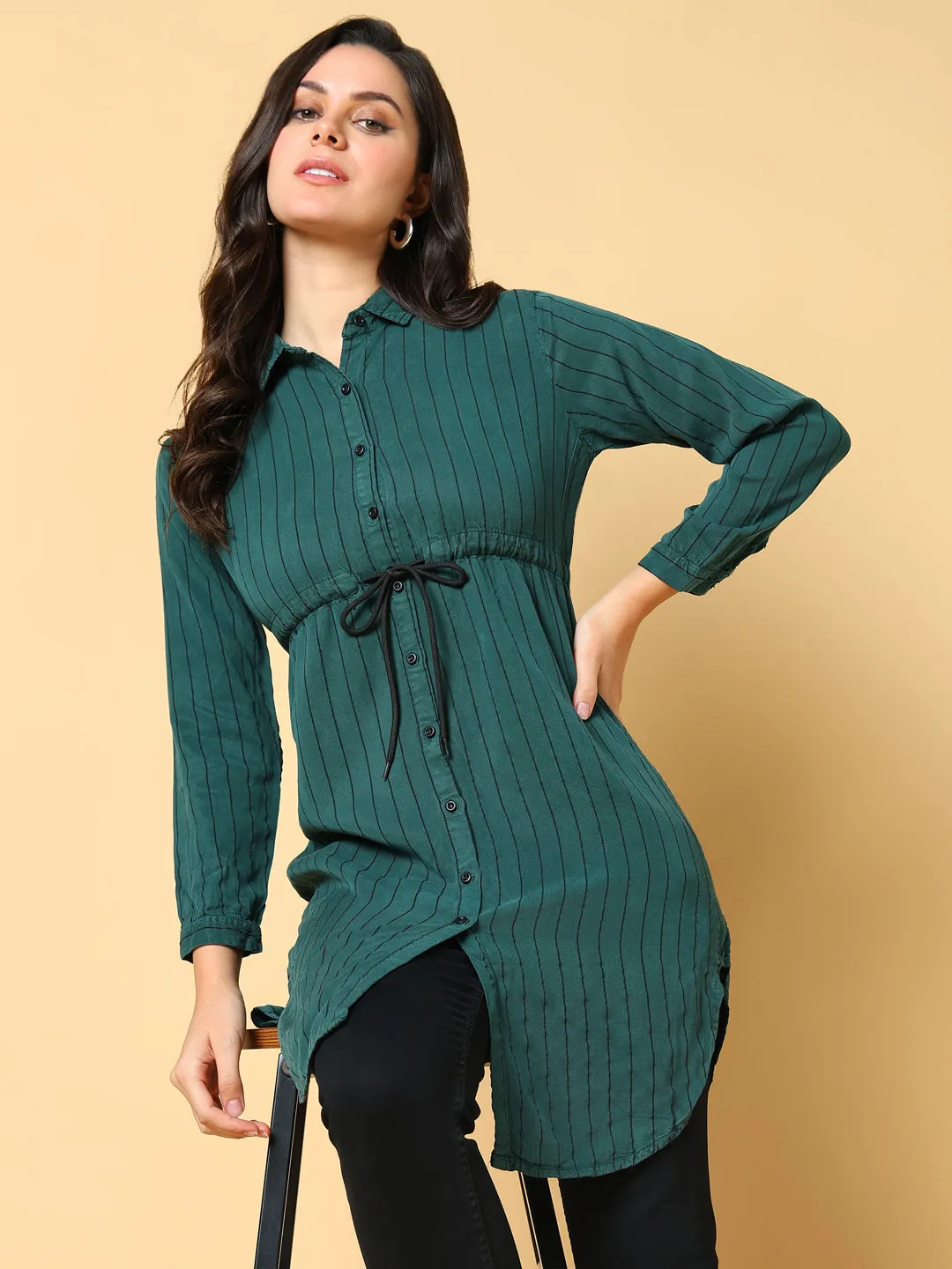 Women Green Striped Cotton Waist Tie-Up Shirt Style Top