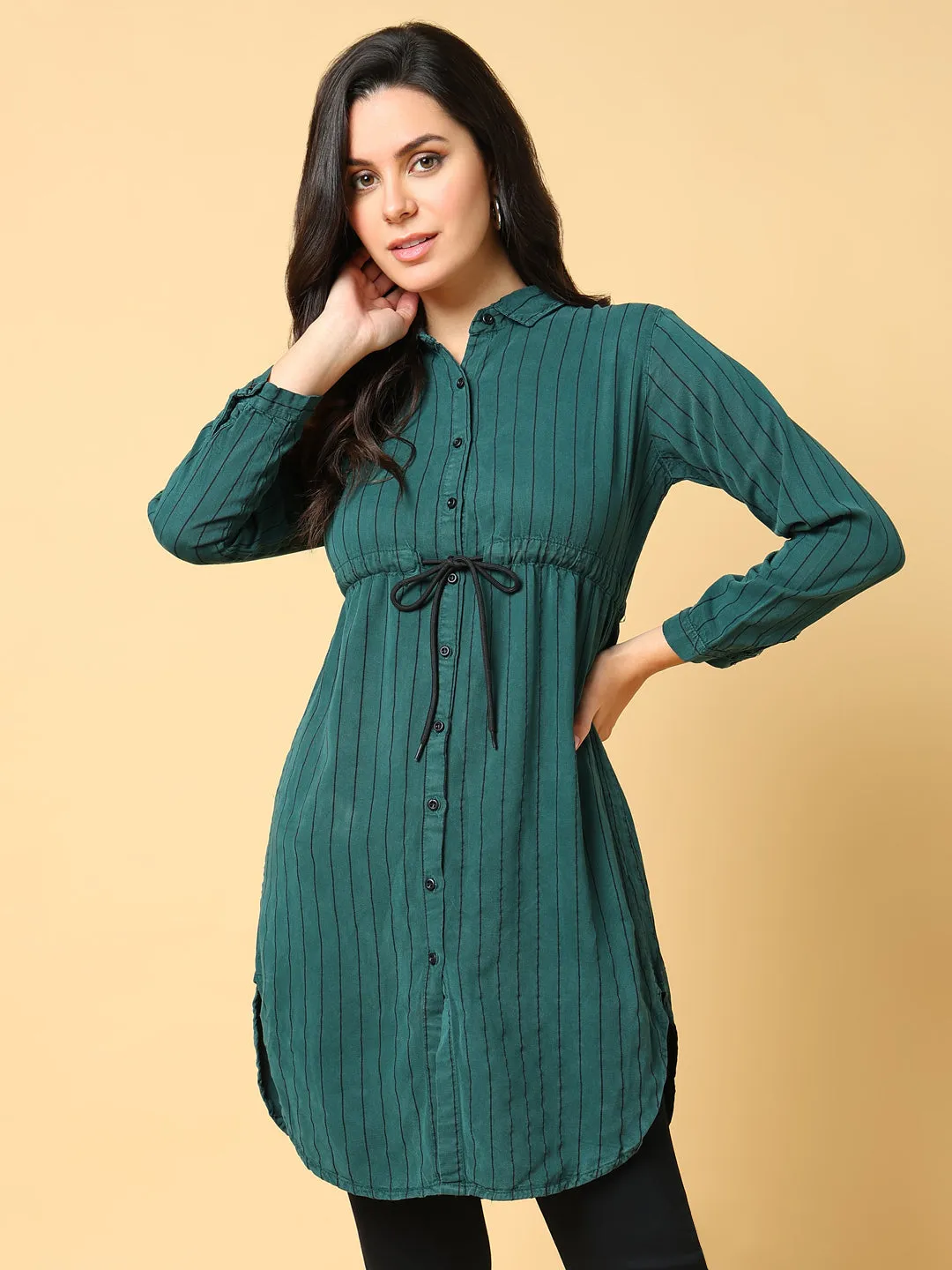 Women Green Striped Cotton Waist Tie-Up Shirt Style Top