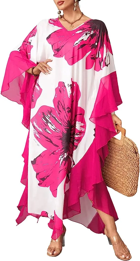 Women's Chiffon Print Caftan Beach Cover-Up, Plus Size