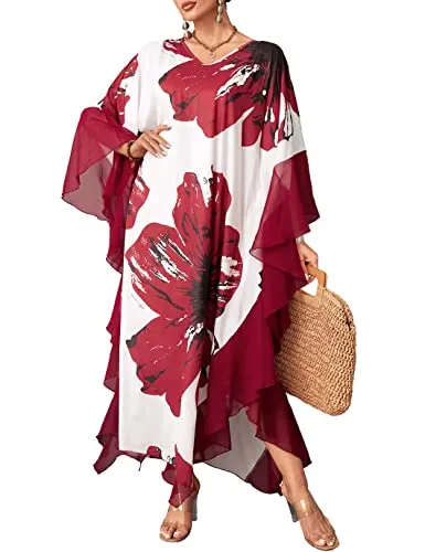 Women's Chiffon Print Caftan Beach Cover-Up, Plus Size