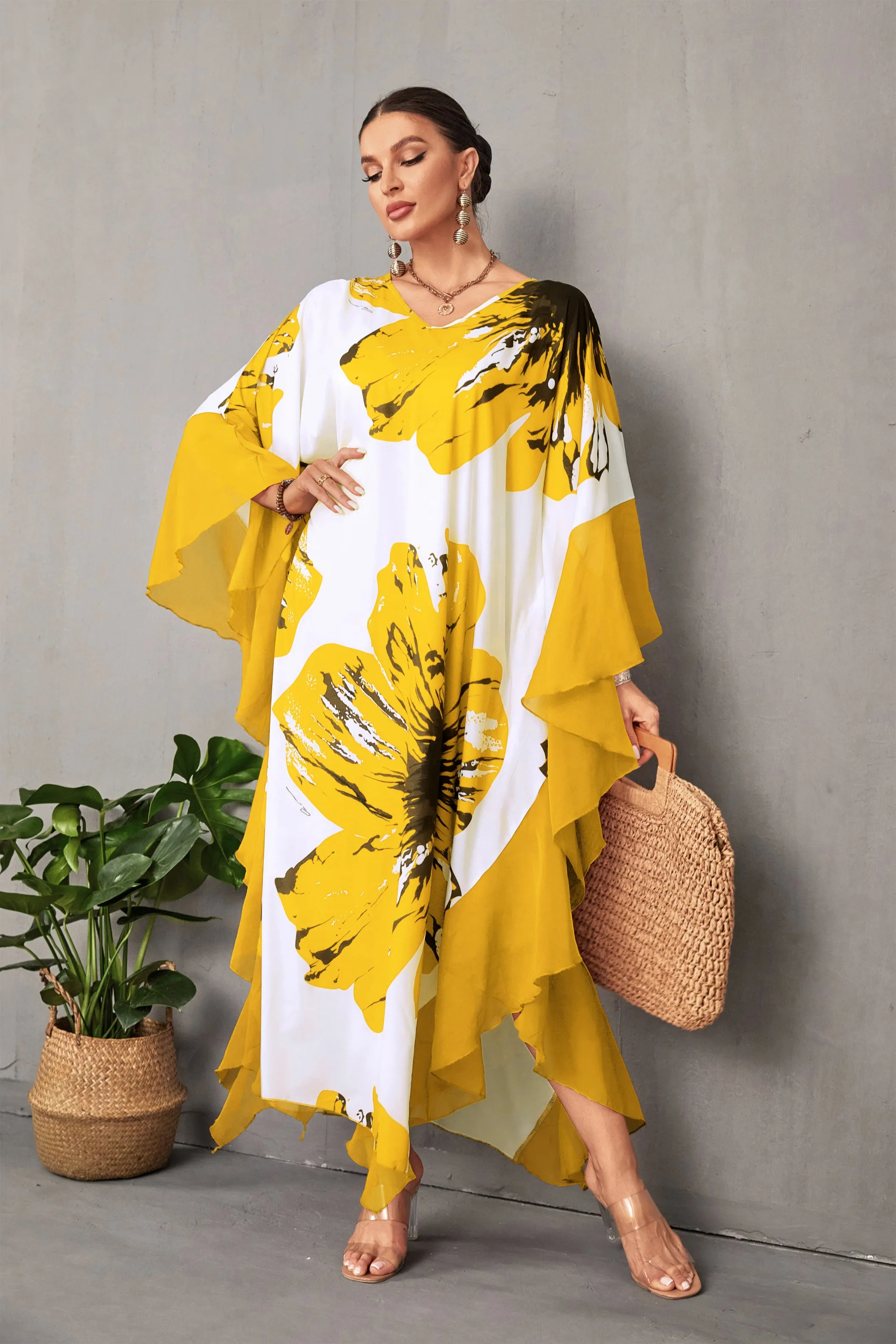 Women's Chiffon Print Caftan Beach Cover-Up, Plus Size
