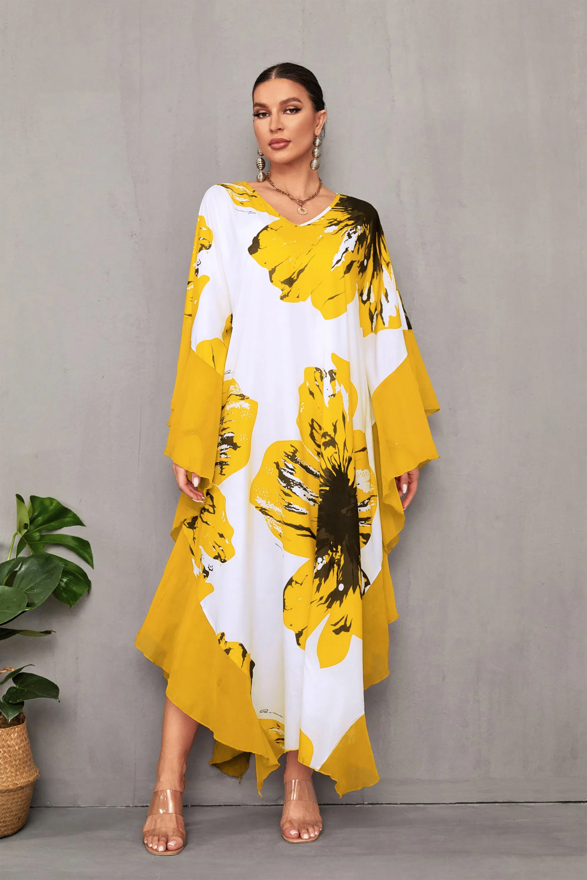 Women's Chiffon Print Caftan Beach Cover-Up, Plus Size