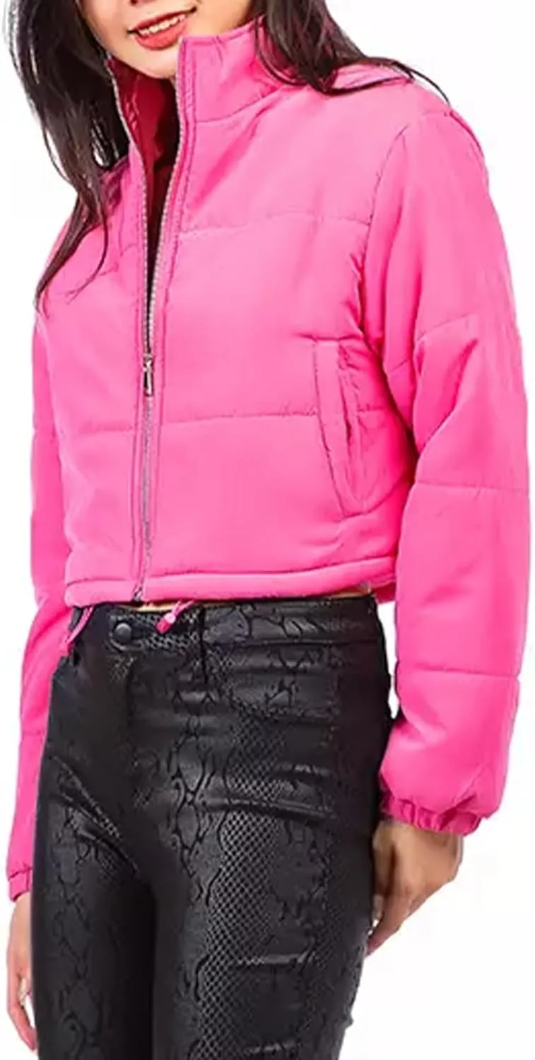 Women's Crop Puffer Jacket Long Sleeve Puffy Coat Stand Collar Zip UP Quilted Padded Drawstring Outwear with Pockets