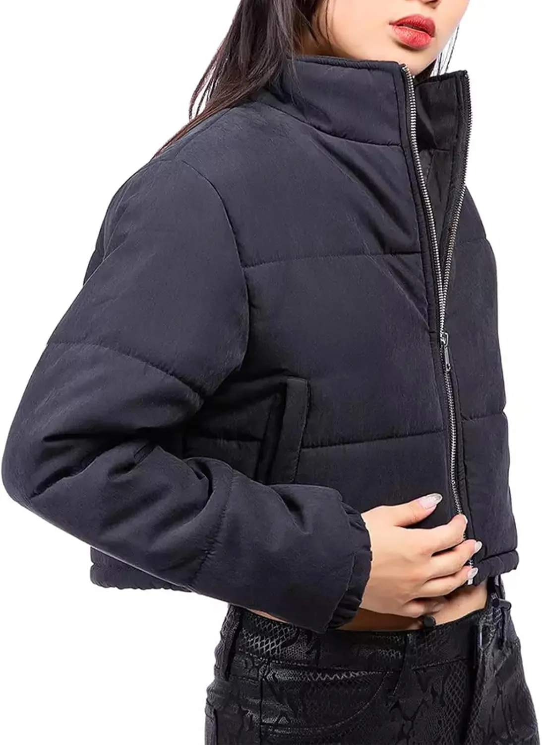 Women's Crop Puffer Jacket Long Sleeve Puffy Coat Stand Collar Zip UP Quilted Padded Drawstring Outwear with Pockets