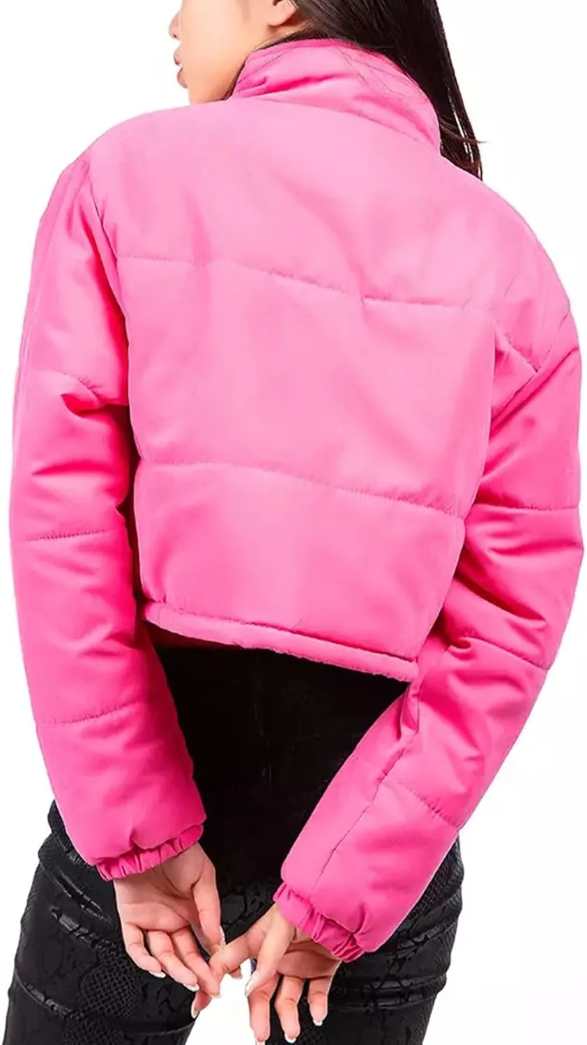 Women's Crop Puffer Jacket Long Sleeve Puffy Coat Stand Collar Zip UP Quilted Padded Drawstring Outwear with Pockets