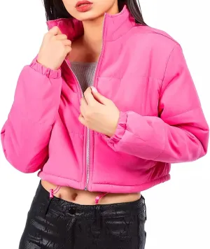 Women's Crop Puffer Jacket Long Sleeve Puffy Coat Stand Collar Zip UP Quilted Padded Drawstring Outwear with Pockets