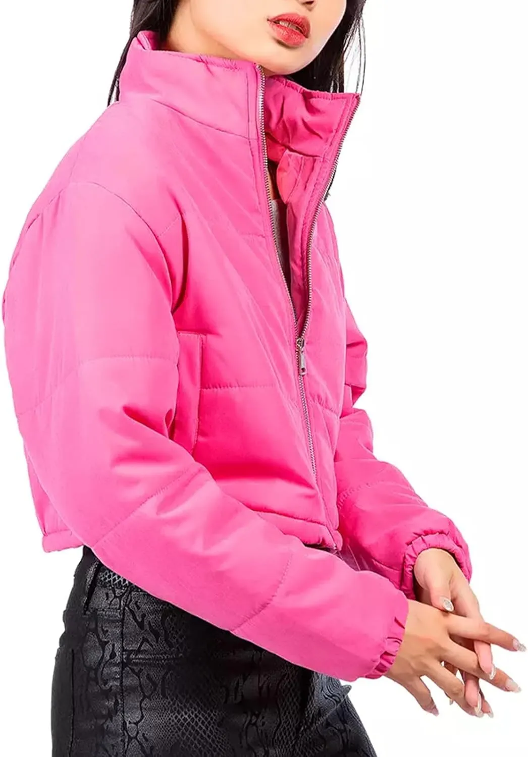 Women's Crop Puffer Jacket Long Sleeve Puffy Coat Stand Collar Zip UP Quilted Padded Drawstring Outwear with Pockets